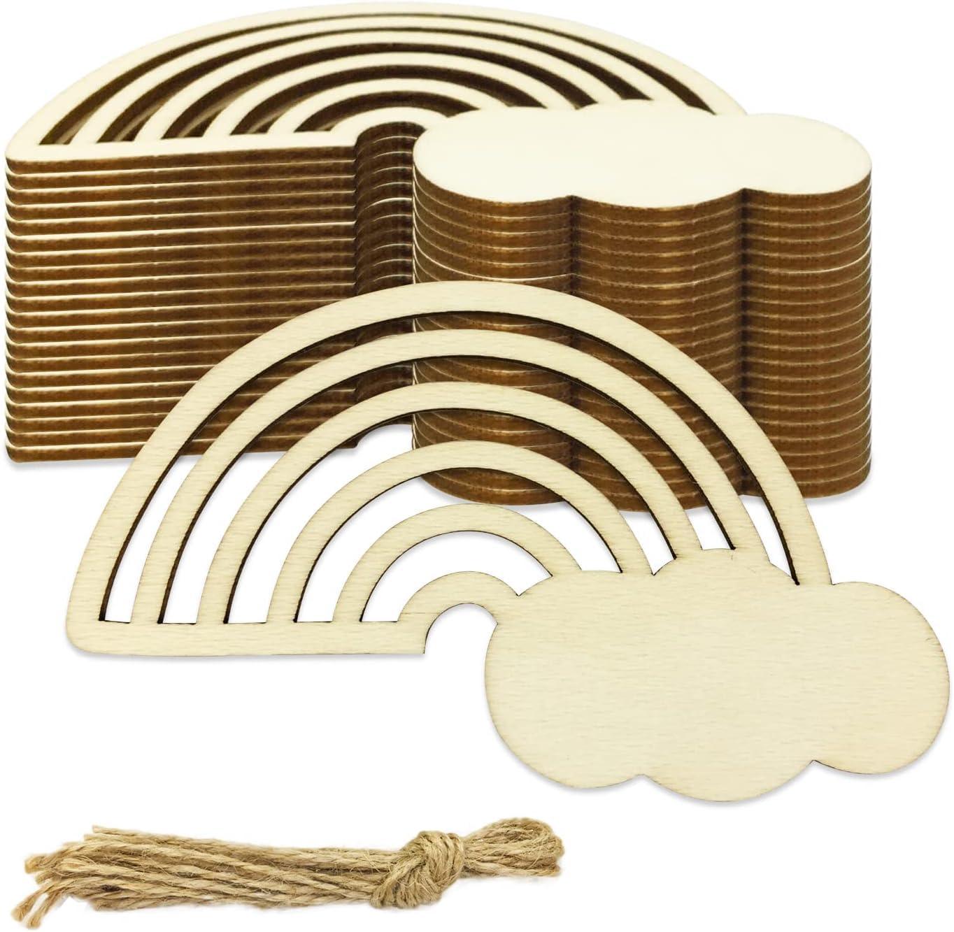 Haoser 24 Pieces Rainbow Wood DIY Crafts Unfinished Wooden Cutouts |Unfinished Wood Cutouts for Crafts, Rainbow Clouds (3.9 x 2.4 in, 24 Pieces) - Haoser